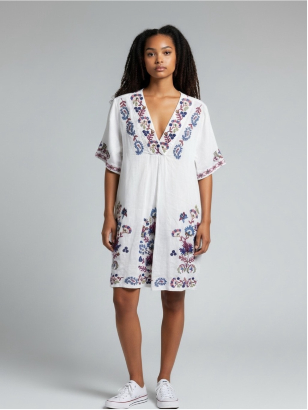 Johnny Was White Embroidered Wide Placket Linen Dress